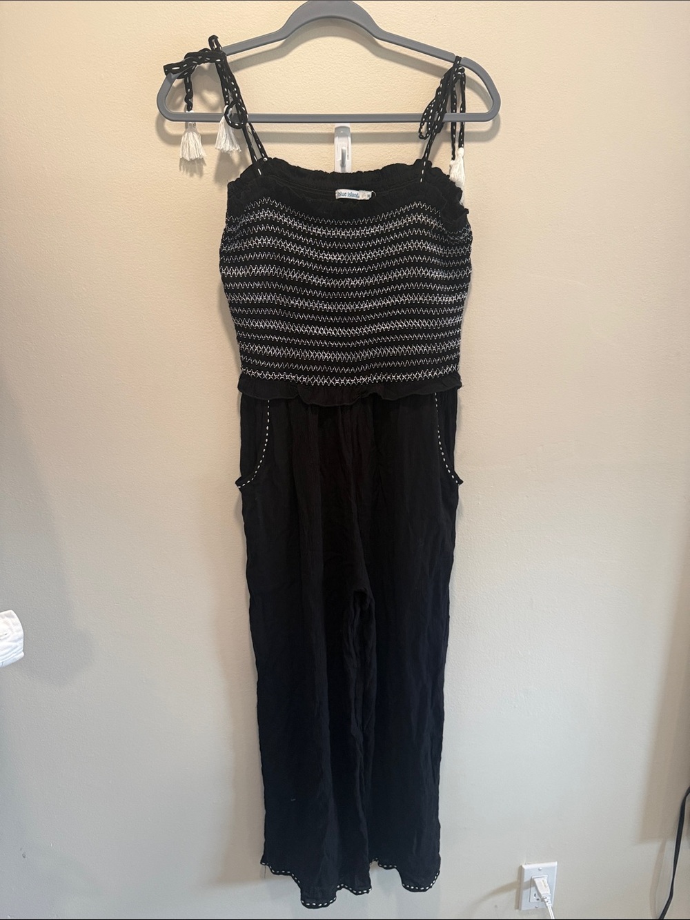 Black Smocked-Top Jumpsuit with Tie Straps